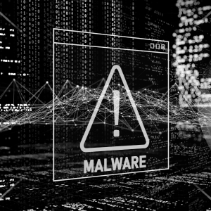 Exclamation point with malware on screen