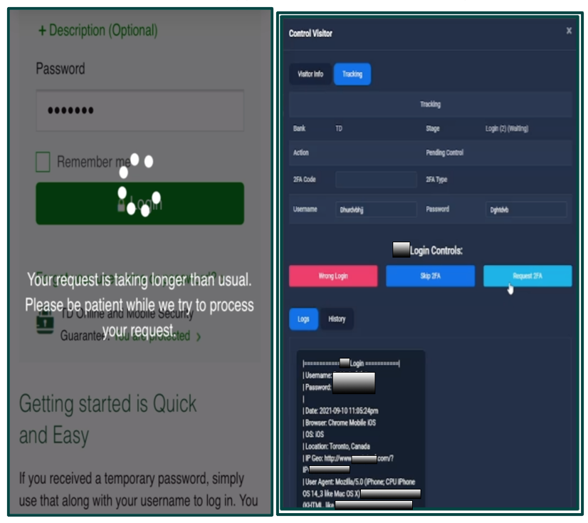 Demonstration of 2FA code interception. Left – Victim View. Right – Threat Actor Panel.