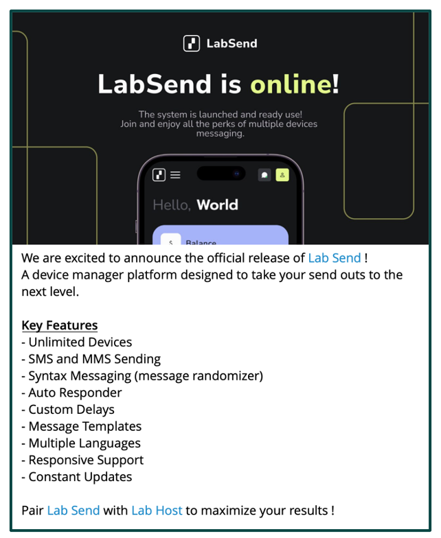 LabSend features detailed in launch ad, December 2023.